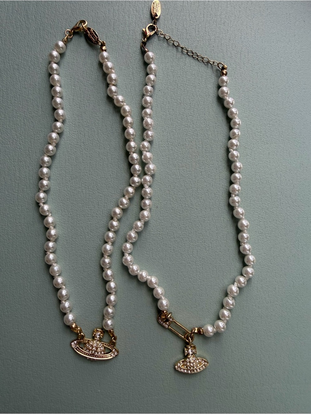2 Faux Pearl Orb Pendant Necklaces Gold Tone 15” & 18” Layering Set